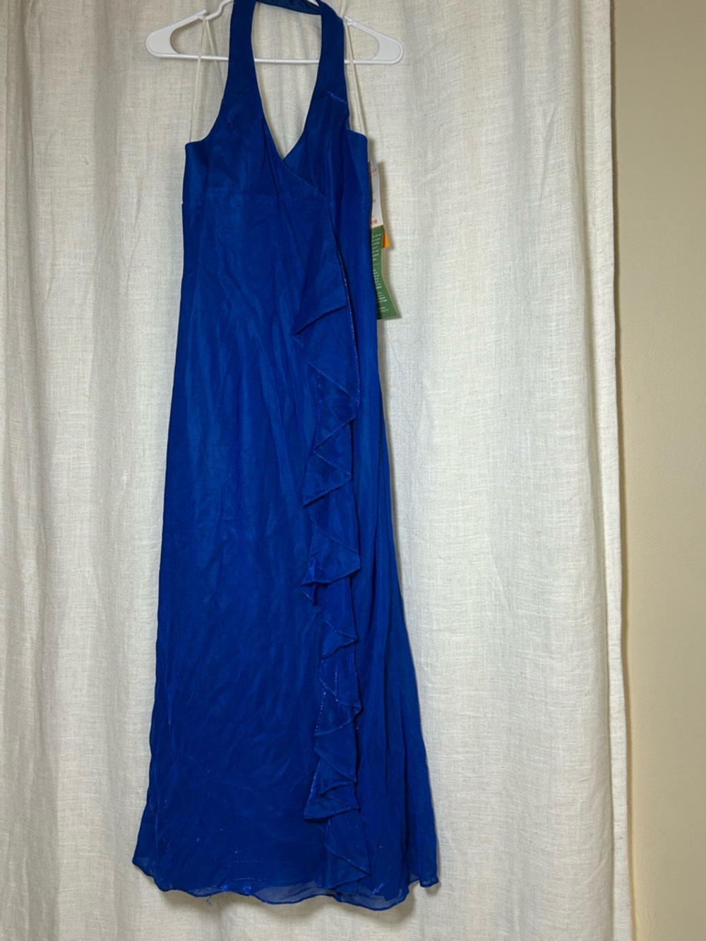Vtg Y2K Dave & Johnny Blue Halter Maxi Dress Ruffle Metallic Prom Gown Size 9/10